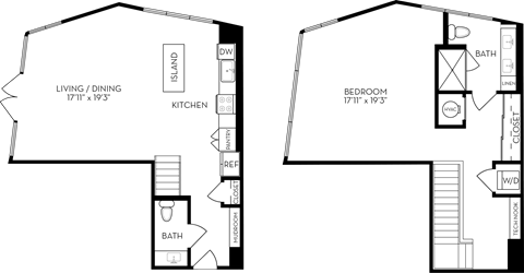 Floor plan for 1 bed, 1.5 baths, 1393 sqft